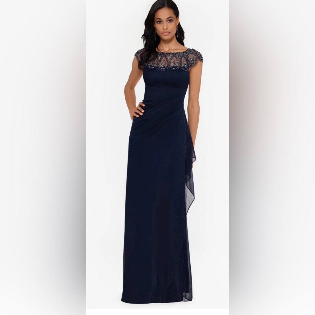 Xscape Illusion Black Beaded Mesh Maxi Gown - Nwt - Size 6